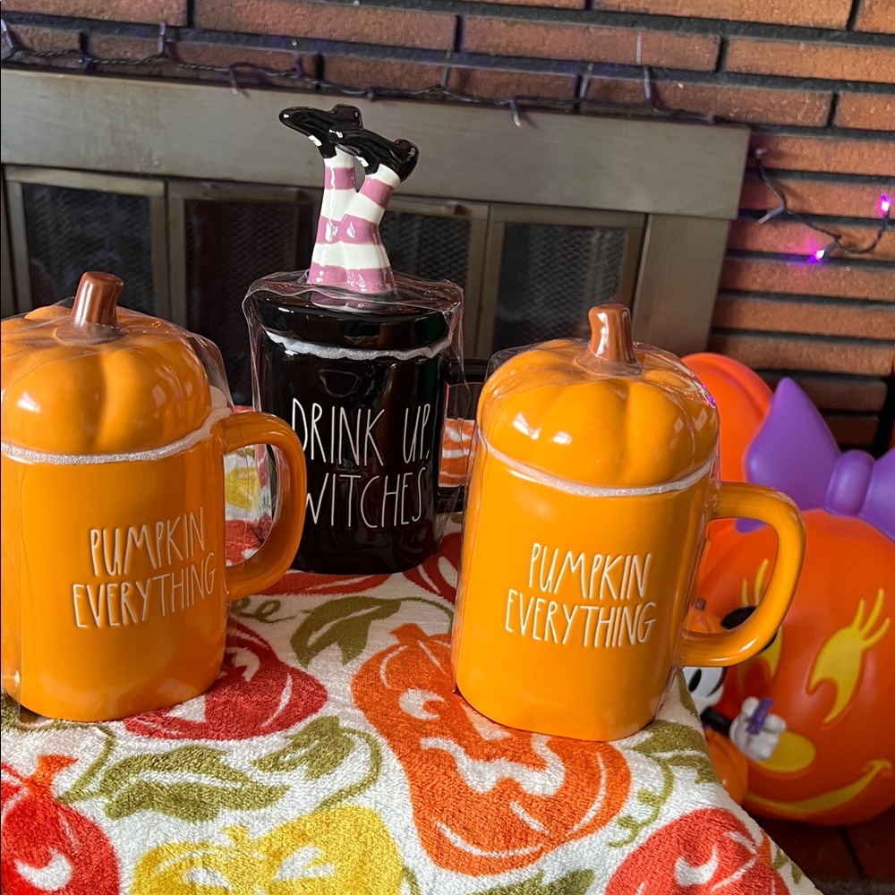 Rae Dunn Orange Pumpkin Mugs and Black Witch Jar Set